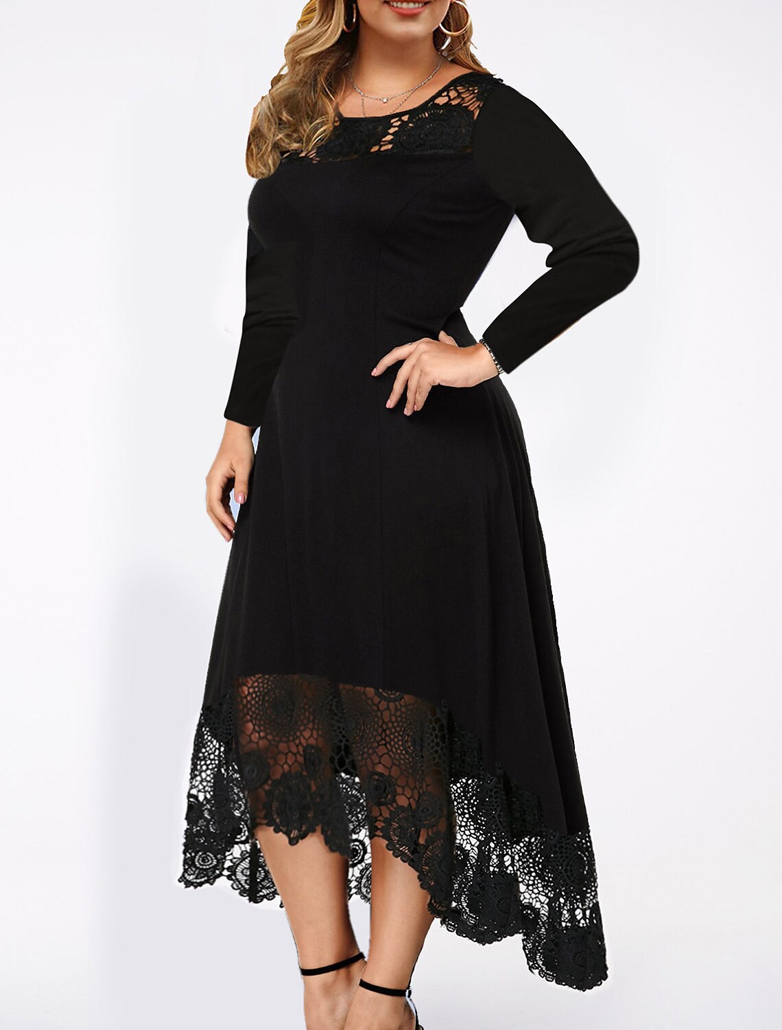 Wholesale A-Line Cocktail Dresses Plus Size Dress Party Wear Wedding Guest Ankle Length Long Sleeve Jewel Neck Spandex with Lace